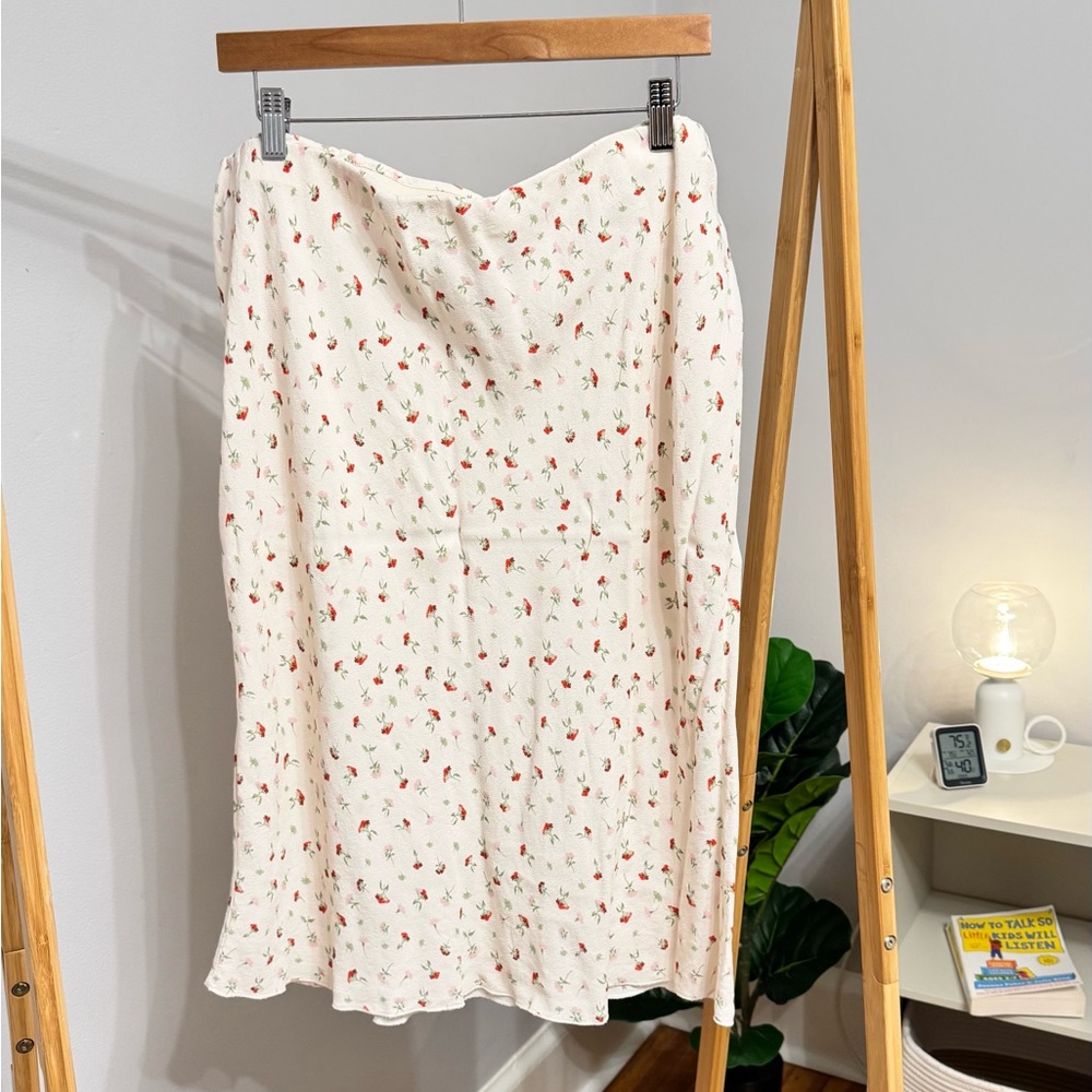 H&M Cream Midi Skirt with Red Floral Print